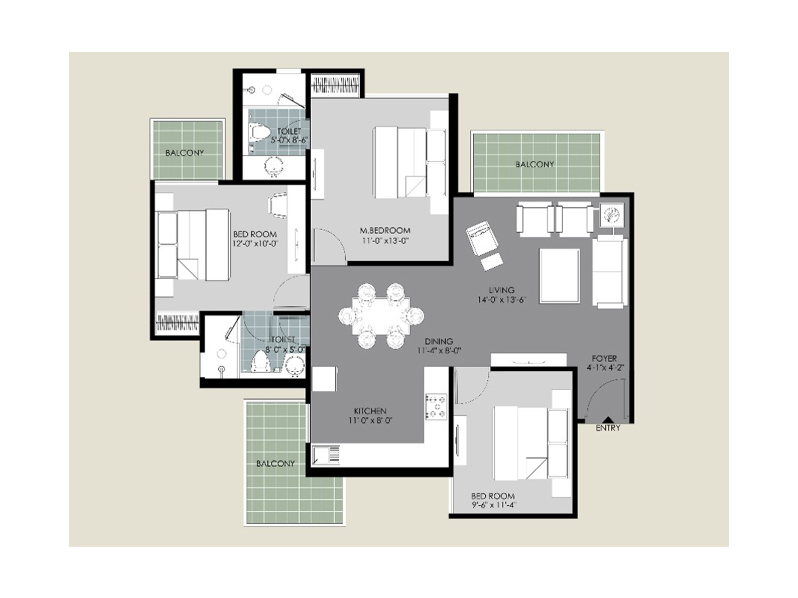 3(1340 sq.ft) BHK Floor Plan at Saya Zion - Buy 2/3/4 BHK Flats in Noida Extension 