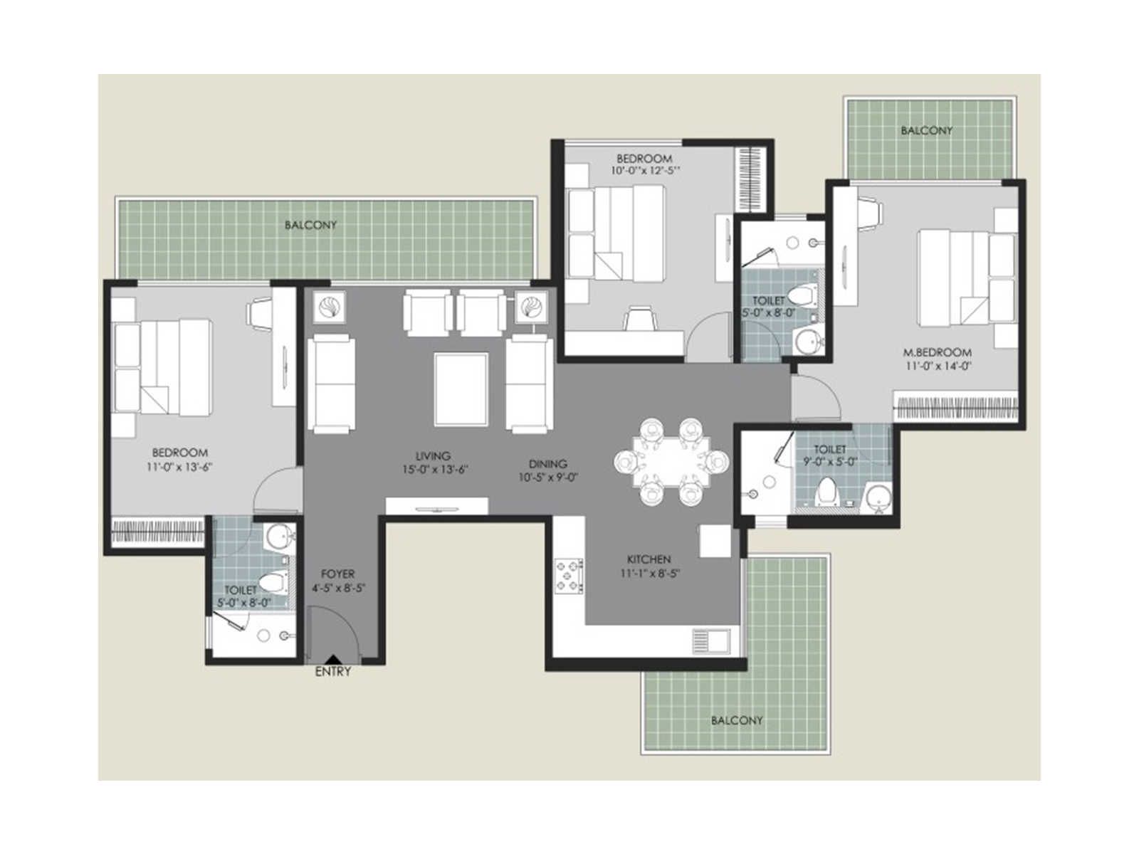 3(1660 sq.ft) BHK Floor Plan at Saya Zion - 2/3/4 BHK Apartments for Sale in Noida Extension 
