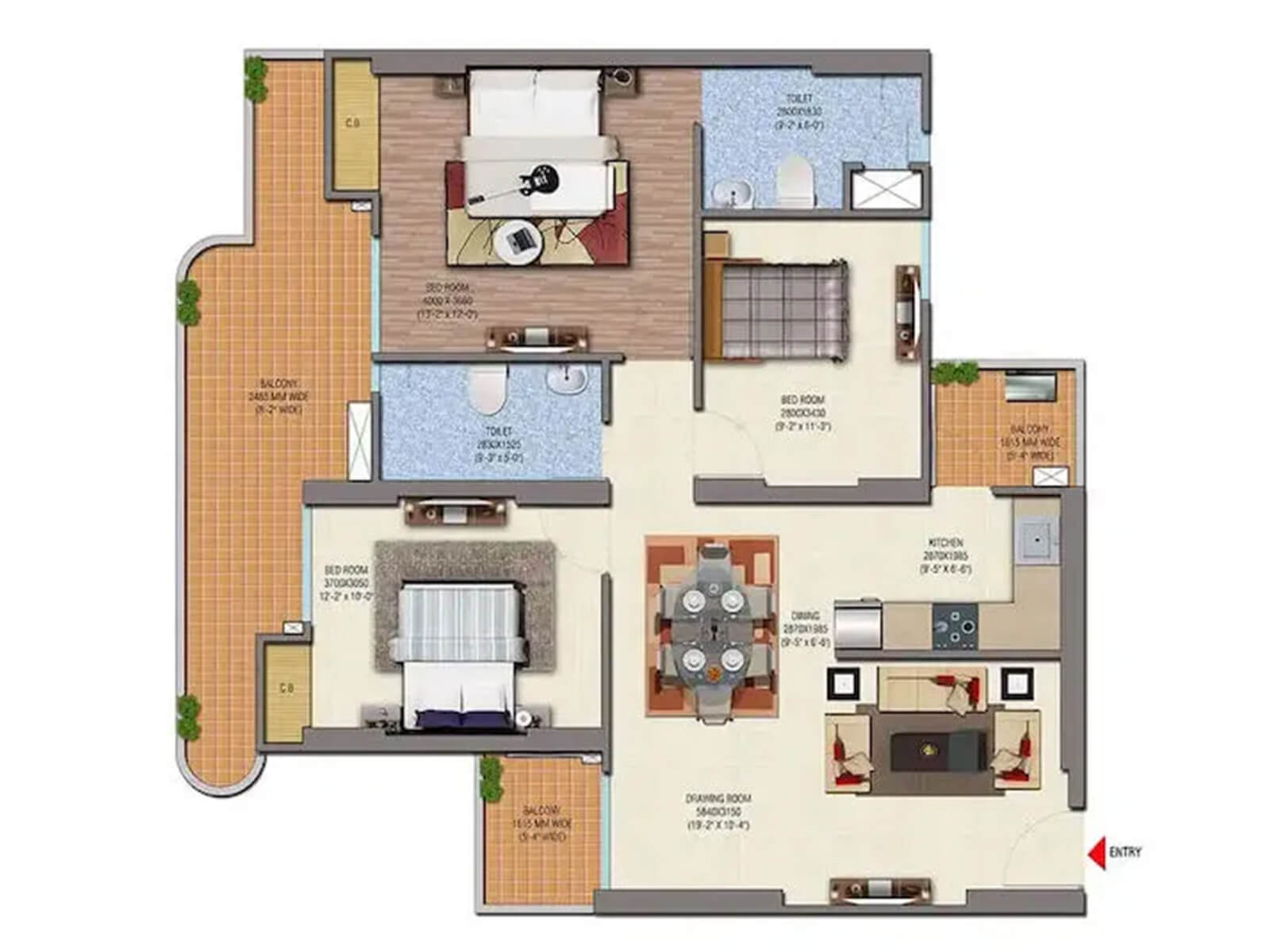 3 BHK(1480 sq.ft) Floor Plan at Saya Gold Avenue - 3 BHK Residentail Luxury Apartments in Indirapuram Ghaziabad