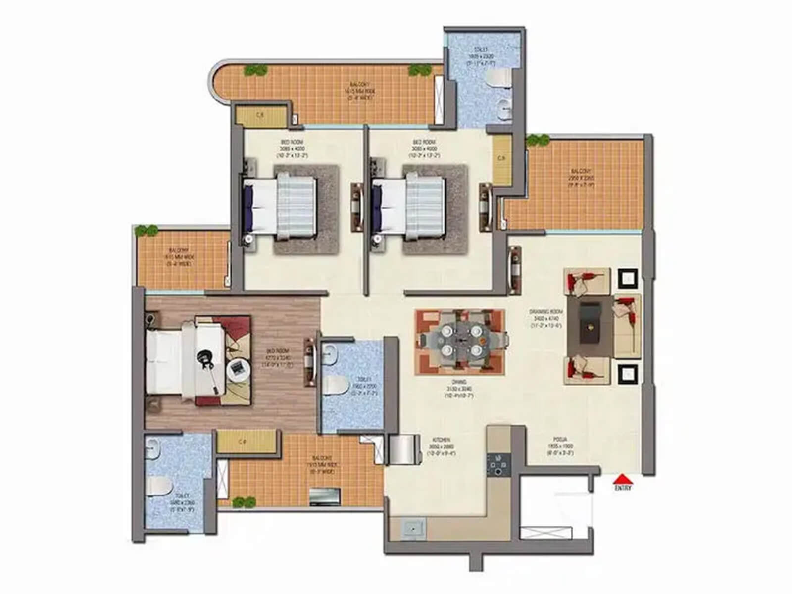 3 BHK( 1755 sq.ft) Floor Plan at Saya Gold Avenue - 3 BHK Residentail Luxury Apartments for sale in Indirapuram Ghaziabad