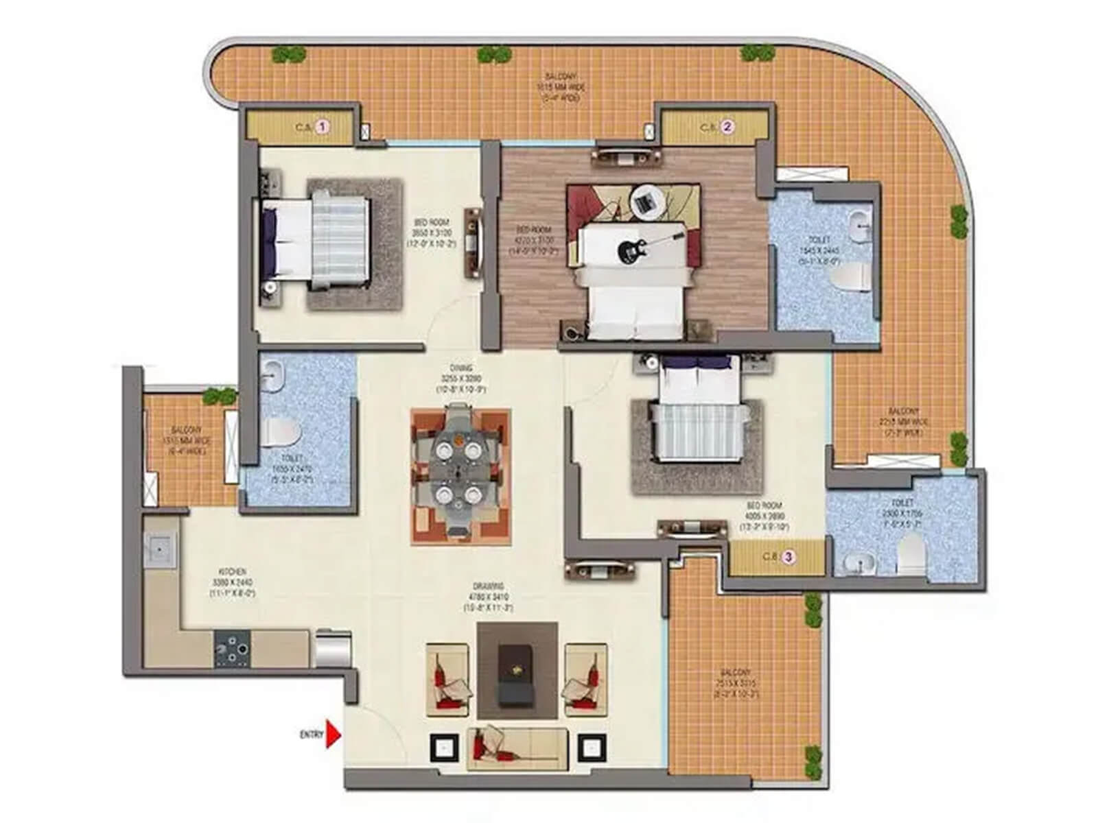 3 BHK( 1770 sq.ft) Floor Plan at Saya Gold Avenue - Buy 3 BHK Residentail Luxury Flats in Indirapuram Ghaziabad