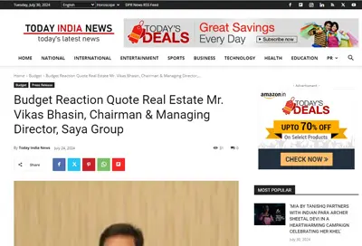 Budget Reaction Quote from Real Estate- Mr., Vikas Bhasin, Chairman & Managing Director, Saya Group